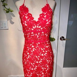 StyleStalker Red Lace Adjustable Spaghetti Strap Dress, Lined, High Low XS
